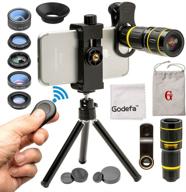 godefa cell phone camera lens 6-in-1 kit: 18x telephoto zoom, wide angle, macro, fisheye, kaleidoscope, cpl - compatible with iphone x, samsung, and more! includes tripod and shutter remote logo