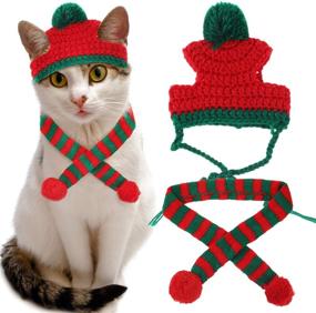 img 4 attached to 🐾 Pawskido Cat Christmas Costume Set: Knit Pet Hat and Holiday Scarf for Winter Cat Outfits