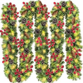 img 4 attached to 🎄 12.5ft Prelit Christmas Garland with 100 LED Lights, Battery Operated Lighted Mantel Garland - Festive Xmas Holiday Decoration with Pine Cones and Red Berries - Indoor/Outdoor Use