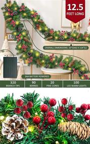 img 3 attached to 🎄 12.5ft Prelit Christmas Garland with 100 LED Lights, Battery Operated Lighted Mantel Garland - Festive Xmas Holiday Decoration with Pine Cones and Red Berries - Indoor/Outdoor Use