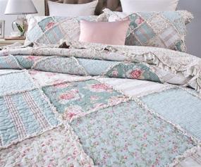 img 1 attached to Cottage Patchwork Cotton Bedspread Quilt Set - Mint Dainty Floral Botanical - Multi Colorful Ruffle Pastel Pink Blue/Green - Cal King - 3-Piece