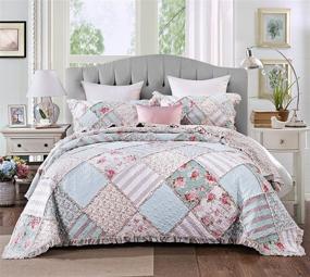 img 2 attached to Cottage Patchwork Cotton Bedspread Quilt Set - Mint Dainty Floral Botanical - Multi Colorful Ruffle Pastel Pink Blue/Green - Cal King - 3-Piece