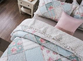 img 3 attached to Cottage Patchwork Cotton Bedspread Quilt Set - Mint Dainty Floral Botanical - Multi Colorful Ruffle Pastel Pink Blue/Green - Cal King - 3-Piece