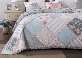 img 4 attached to Cottage Patchwork Cotton Bedspread Quilt Set - Mint Dainty Floral Botanical - Multi Colorful Ruffle Pastel Pink Blue/Green - Cal King - 3-Piece
