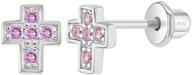 👧 925 sterling silver cz little cross screw back earrings for toddlers & young girls - religious jewelry gift for christening and baptism - safety studs for little girls logo