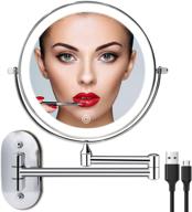 wall mounted lighted makeup vanity mirror: rechargeable, 8 inch double sided with 1x 10x magnifying, 3 color lighting, touch screen dimming, extended arm, 360 rotation, shaving light up mirror logo