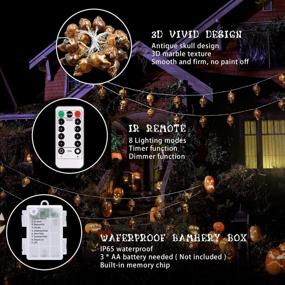 img 3 attached to 🎃 20 LED Halloween Skull String Lights - Battery Operated, 8 Modes with Remote Control - Outdoor Waterproof 15ft Warm White Halloween Skull Lights String for Indoor Patio Party Halloween Decor