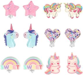 img 3 attached to PinkSheep Unicorn Clip On Earrings for Little Girls - Rainbow Bling Earrings, 6 Pairs [Best Gift]