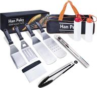 🔥 han peky 9-piece flat-top grill accessories kit: commercial grade griddle tools set for blackstone, including spatulas, chopper, tongs, bottle, meat thermometer, and carry bag logo