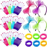 80s themed party favor set - includes 144 neon jelly bracelets, 12 pairs of fingerless fishnet wrist gloves, and 4 lace headbands логотип