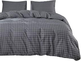 img 4 attached to 🛏️ Gray Grid Comforter Set by Wake In Cloud - 100% Cotton, Soft Microfiber Fill Bedding with White Modern Geometric Print on Dark Grey - Queen Size (3pcs)