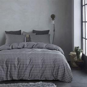 img 3 attached to 🛏️ Gray Grid Comforter Set by Wake In Cloud - 100% Cotton, Soft Microfiber Fill Bedding with White Modern Geometric Print on Dark Grey - Queen Size (3pcs)
