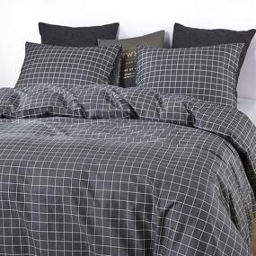 img 2 attached to 🛏️ Gray Grid Comforter Set by Wake In Cloud - 100% Cotton, Soft Microfiber Fill Bedding with White Modern Geometric Print on Dark Grey - Queen Size (3pcs)