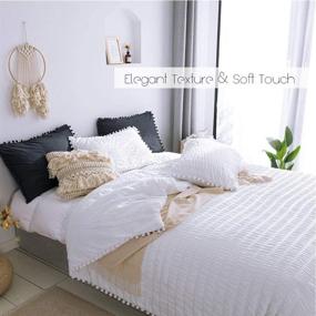 img 3 attached to 🛏️ White Queen Pom Pom Comforter Set with Boho Seersucker Texture, Fluffy and Cozy Down Comforter, Washed Microfiber Fill Bedding - Includes 3 Pieces: 1 White Comforter and 2 Pom Pom Pillow Shams