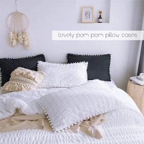 img 2 attached to 🛏️ White Queen Pom Pom Comforter Set with Boho Seersucker Texture, Fluffy and Cozy Down Comforter, Washed Microfiber Fill Bedding - Includes 3 Pieces: 1 White Comforter and 2 Pom Pom Pillow Shams