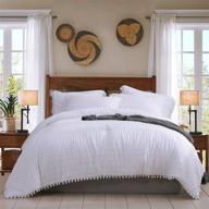 🛏️ white queen pom pom comforter set with boho seersucker texture, fluffy and cozy down comforter, washed microfiber fill bedding - includes 3 pieces: 1 white comforter and 2 pom pom pillow shams logo