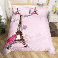 romantic paris eiffel tower themed twin bedding set for girls teens - ultra soft pink floral duvet cover and comforter cover with cityscape design, zipper closure - home decor for a chic and romantic bedroom logo