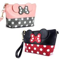 👜 2 piece cartoon leather travel makeup handbag set - cute portable cosmetic bag toiletry pouch for women, teen girls, and kids (black & pink) logo