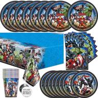 superhero avengers party supplies and decorations for marvel-themed birthday party, ideal for boys and girls, effortless assembly and disassembly includes plates, napkins, and cups, serves 16 guests логотип