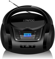 versatile lonpoo cd player portable boombox with fm radio, usb, bluetooth, aux input, and earphone jack output – stereo sound speaker & audio player, black logo