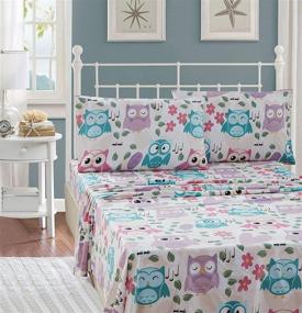 img 2 attached to 🦉 Elegant Homes Multicolor Pink White Blue Purple Beautiful Girls Floral Owl with Hearts Design Fun 4 Piece Printed Sheet Set with Pillowcases Flat Fitted Sheet for Girls/Kids - EH Owl (Queen Size)