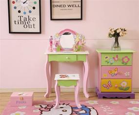 img 2 attached to 💄 YFDZONE Pink Wooden Kids Vanity Set with Mirror - Children's Dressing Table Makeup Table with Stool and Chair