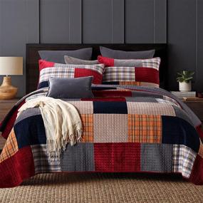 img 4 attached to 🛏️ King Size 100% Cotton Patchwork Quilt Set - Plaid Pre-Washed Bedspread Coverlet with Real Stitched Decorative Bedding Cover & 2 Shams. Velvet and Yarn-Dyed Check Style - All Season