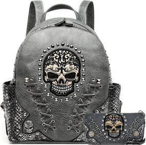 img 4 attached to 🖤 Edgy Sugar Skull Punk Art: Rivet Stud Biker Purse for Trendy Women – Python Backpack, Daypack, Shoulder Bag & Wallet Set