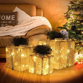 img 2 attached to 🎁 DROFELY Holiday Lighted Champagne Gift Box Set - Larger 11.8in Size with Silver Bow - Set of 3 Boxes - Indoor/Outdoor Decorative Lighting for Christmas Tree Decoration and Holiday Display