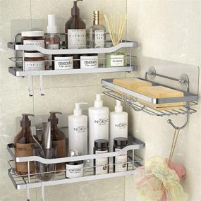 img 3 attached to Stusgo SUS304 Stainless Steel Shower Caddy Wall Mount Bathroom with Double Soap Dish Holder, Adhesive Shower Shelves for Inside Shower including 4 Hooks - No Drilling Shower Storage, 3 Pack