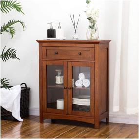 img 4 attached to Glitzhome 32 Inch Wooden Floor Storage Cabinet with Glass Double Doors, Drawer - Versatile Accent Cabinet for Bathroom, Living Room, Bedroom, Kitchen