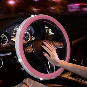 img 4 attached to 💎 Универсальная обтяжка руля из розовой кожи с кристаллическими стразами на 15 дюймов - блестящая защита для автомобильного руля для женщин и девушек.