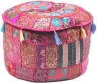 🛋️ indian vintage ottoman pouf cover by radhy krishna fashions - patchwork design, living room foot stool, decorative handmade home chair cover (pink, 14x22x22) logo