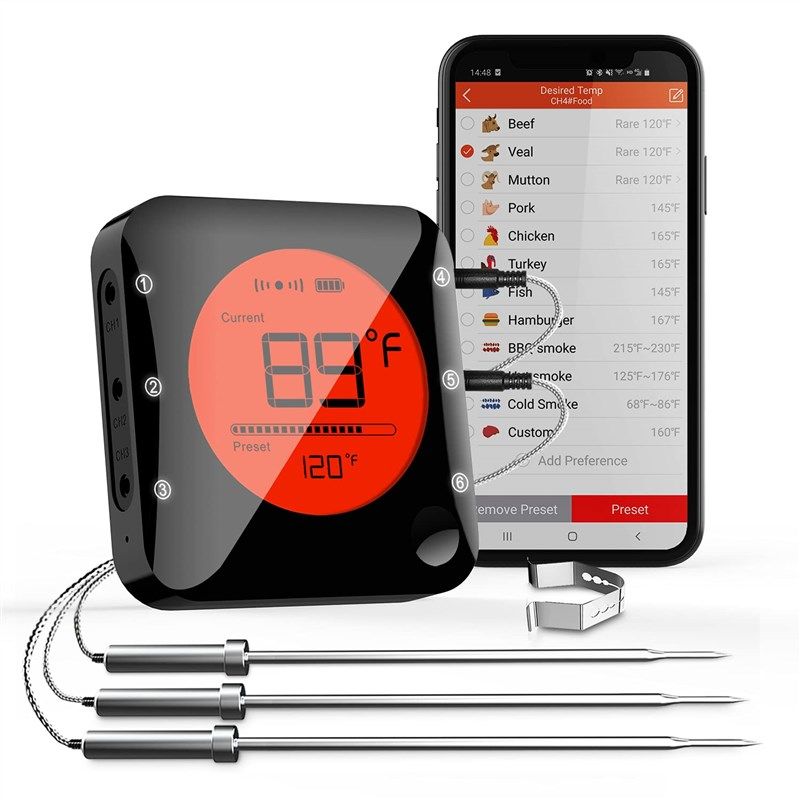 BFOUR Wireless Meat Thermometer, Bluetooth Meat Thermometer with 3 Probes,  LCD Thermometer for Grilling Smoker