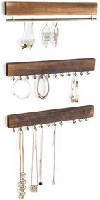 img 4 attached to MyGift 3-Piece Rustic Wood and Gold Tone Metal Jewelry Organizer Set: Wall-Mounted Storage Racks with 24 Hooks for Necklaces, Bracelets, and Earrings