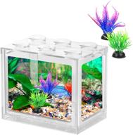 🐠 betta fish tank - transparent stackable cube aquarium for small fish, turtle, jellyfish, goldfish, moss balls, and insects - includes plastic plant decoration - 34oz capacity logo