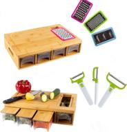 🔪 bamboo land: versatile bamboo cutting board set with container, peeler, juice groove, tray, graters, handles, and food opening for kitchen logo