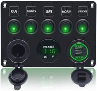 🔋 5 gang switch panel with dual usb charger, cigarette socket & waterproof toggle switches for rv, marine, boat, car, truck - green (12-24v) logo