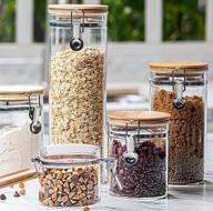 🍪 le'raze glass food storage jars containers - set of 5 | high borosilicate glass cookie jars with airtight bamboo clamp lid | ideal for kitchen, bathroom, and pantry organization | perfect for flour, sugar, coffee, candy, snacks, and more логотип