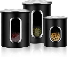 img 4 attached to 🖤 Black 3-Piece Kitchen Canister Set with Fingerprint-Resistant Lids - Window Design