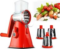 🧀 versatile cheese grater mandoline slicer: effortlessly slice, grate & chop fruits, veggies & nuts with 3 interchangeable blades, strong suction base, and cleaning brush - red logo