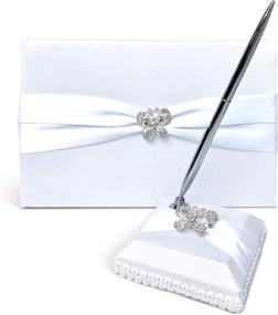 img 4 attached to 🦋 Exquisite Butterfly Rhinestone Wedding Guest Book Set with White Satin Cover – Elegant Lined Pages for Sign-in – Classic Touch Guestbook for Weddings