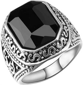 img 1 attached to 💍 Vintage Patterns Gem Joint Rings - XCFS Unisex Retro Square Diamond Cut Face Black Onyx Agate Band Ring in Antique Silver Plating
