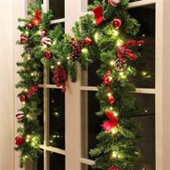 mortime 9 ft led christmas garland with pinecones red berries bows christmas balls candies - 50 warm white led lights, 180 branch tips logo