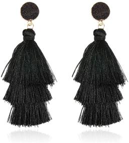 img 4 attached to 🌸 Bohemian Lightweight Silky Thread Tassel Statement Drop Earrings - Chandelier Duster with Sparkly Druzy Jewel Stone, Tiered Layered Fringe Dangles