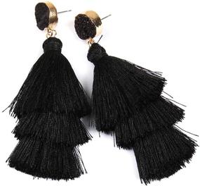 img 2 attached to 🌸 Bohemian Lightweight Silky Thread Tassel Statement Drop Earrings - Chandelier Duster with Sparkly Druzy Jewel Stone, Tiered Layered Fringe Dangles