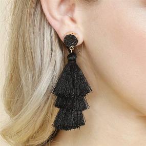 img 3 attached to 🌸 Bohemian Lightweight Silky Thread Tassel Statement Drop Earrings - Chandelier Duster with Sparkly Druzy Jewel Stone, Tiered Layered Fringe Dangles