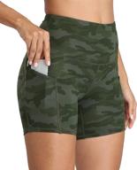 🩳 oalka women's short yoga shorts with side pockets, high waist, and workout running sports design, 4 inches logo