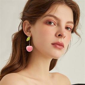 img 2 attached to 🍑 TIANBANGSHI Unique Super Lightweight Lifelike Pink Peach Earrings with Leaf Drop - Cute Fruit Jewelry for Women & Girls