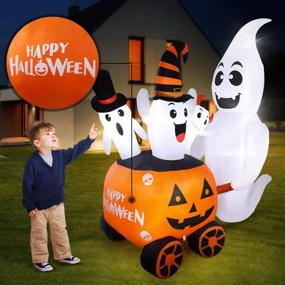 img 3 attached to 👻 Outdoor Halloween Inflatables Decorations - 6FT Blow Up Pumpkin Ghost Decoration with LED Lights, Perfect for Yard, Lawn, Garden, Indoor Decor - Ghost Pushing Pumpkin Cart w/ Happy Halloween Design